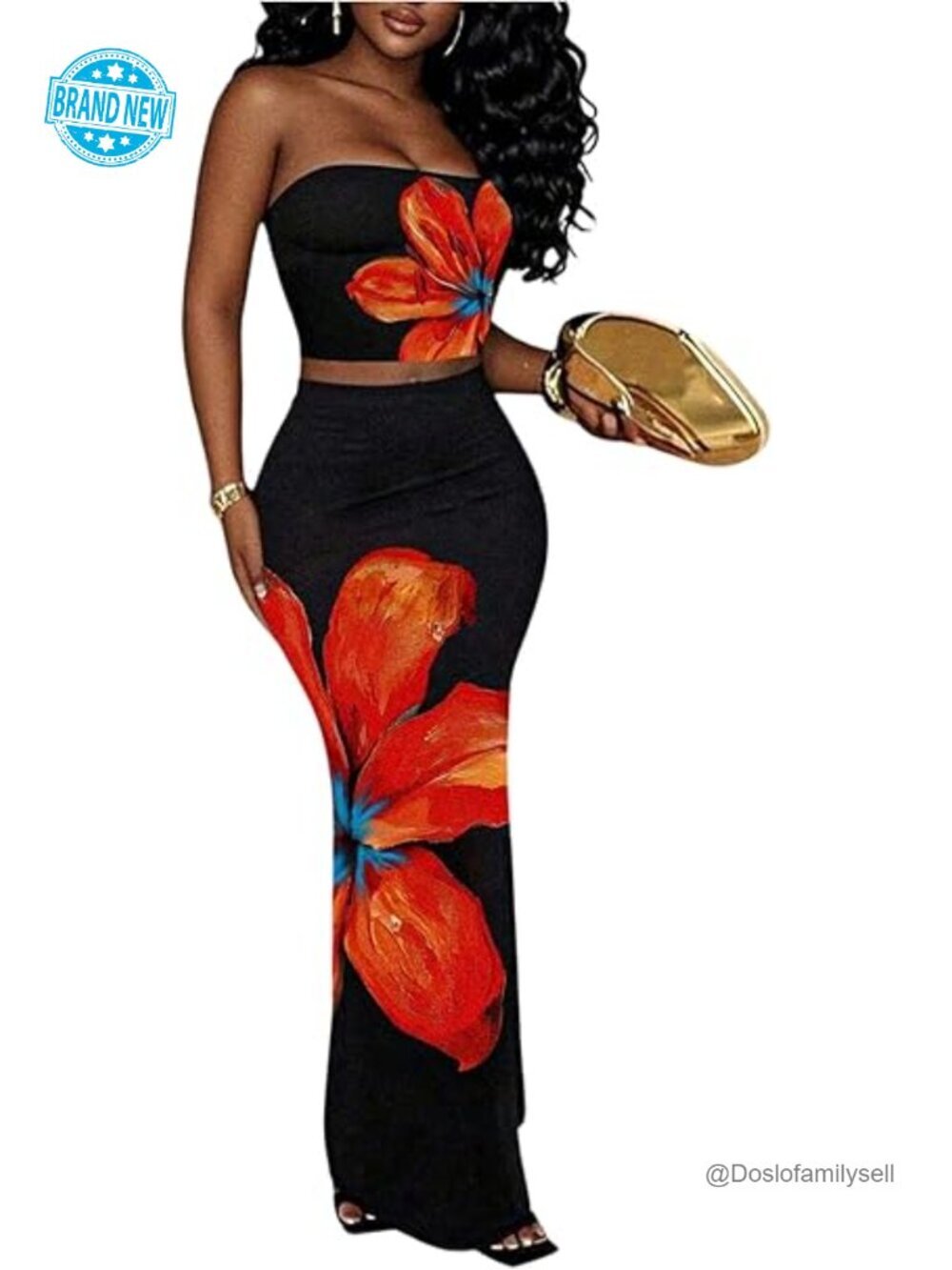 Women's 2 Piece Outfits Floral Bandeau Tube Crop Top Bodycon Maxi Skirt Set